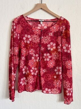 Vintage Y2K J Jill Floral Mesh Velvet Trim Cardigan Blouse Top Medium Red Boho